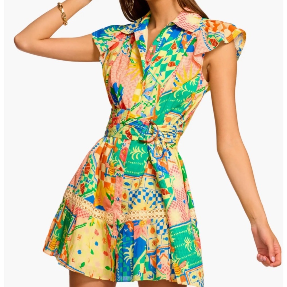 Ramy Brook Marceline Belted Cotton Poplin Mini Shirtdress Multicolor M Boho Chic